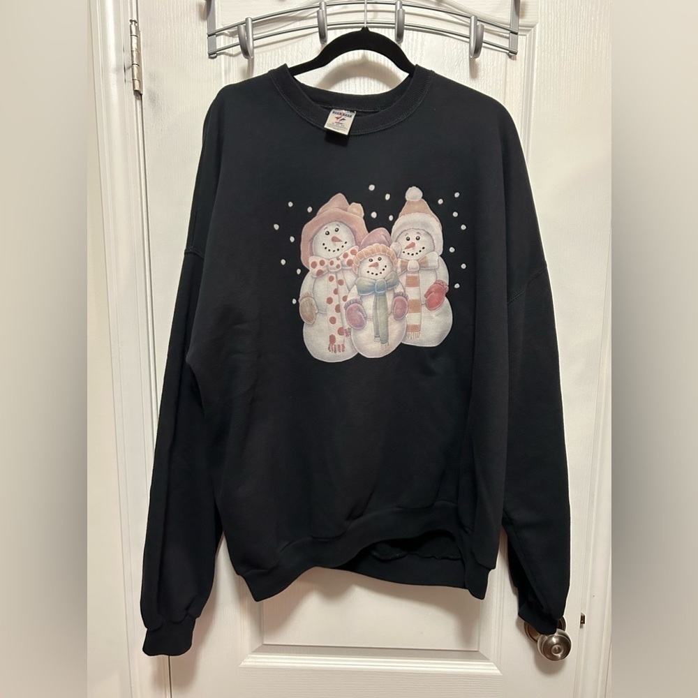 Vintage Jerzees Snowmen Sweatshirt Size 3X black fleece pullover‎ grandma core